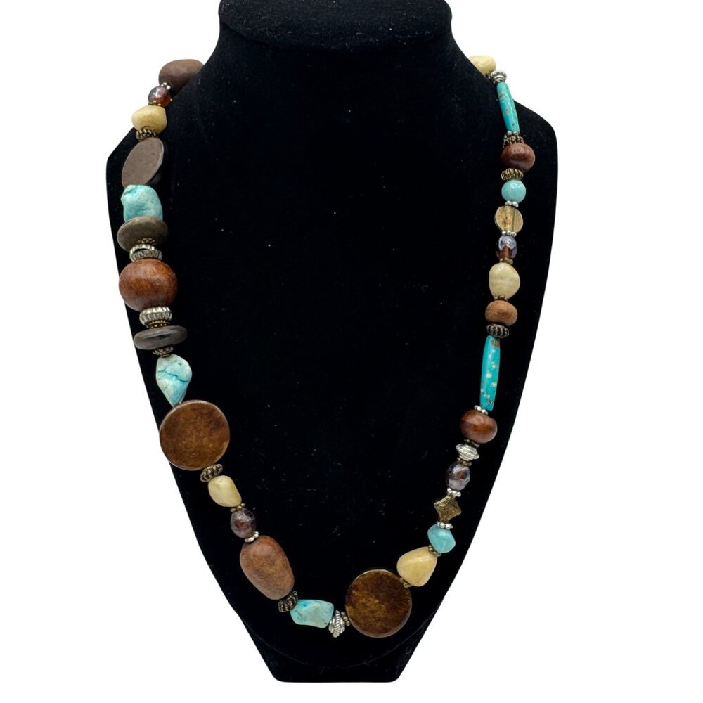 NY  Beaded Necklace With Mixed Materials In Earthy Tones & Unique Shapes